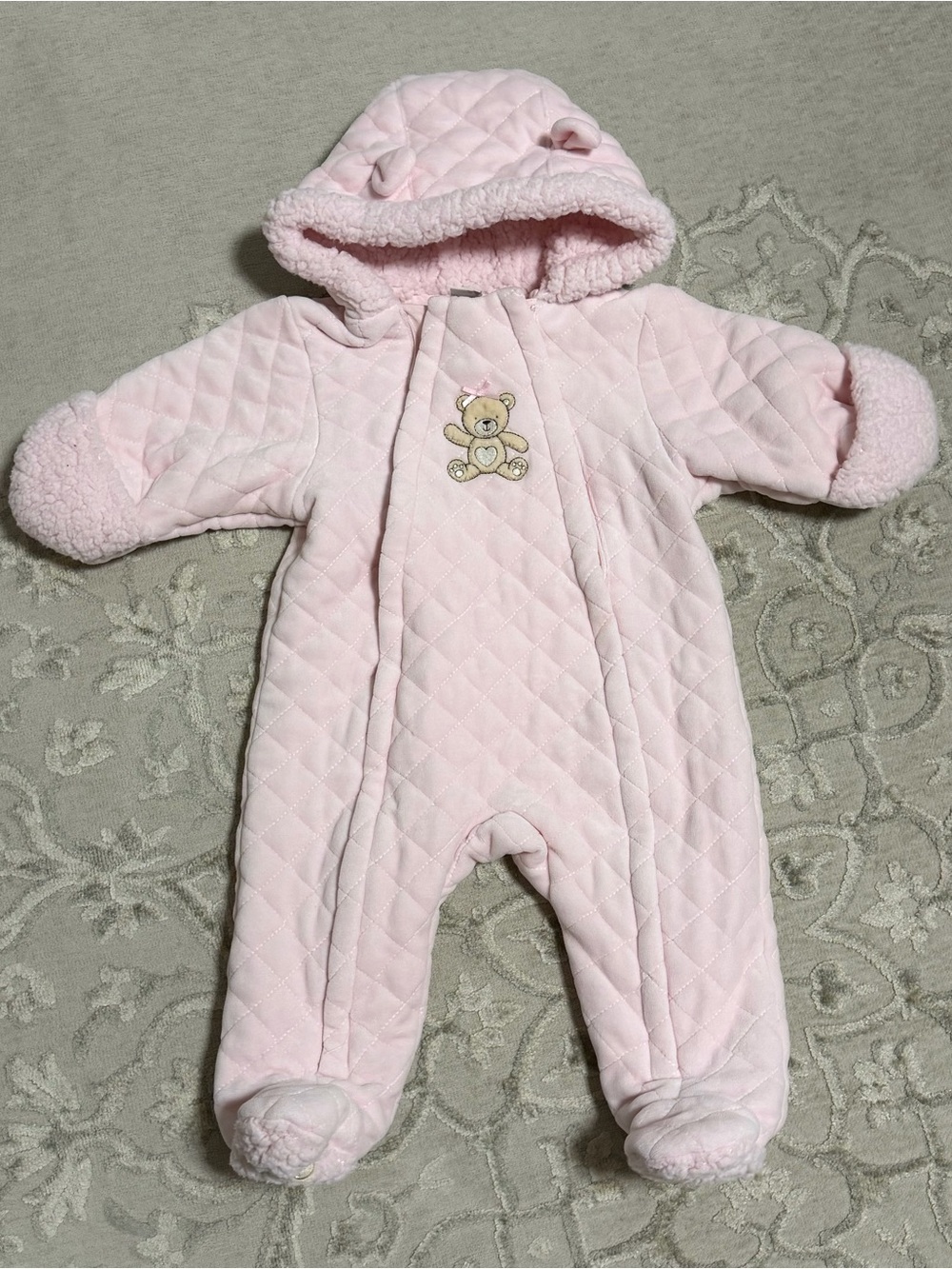 Little Me Pink Bear Quilted Fleece Pram Baby Girl outerwear cold weather 6/9 m
